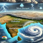Cyclone Dana approaching the coast of Odisha and West Bengal, bringing severe weather and potential destruction.