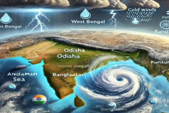 Cyclone Dana approaching the coast of Odisha and West Bengal, bringing severe weather and potential destruction.