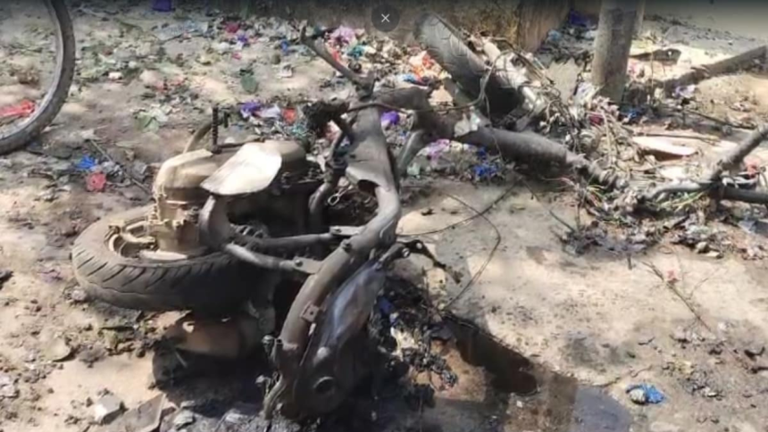 Scene of Diwali onion bomb explosion in Eluru, Andhra Pradesh, with damaged two-wheeler and surrounding area