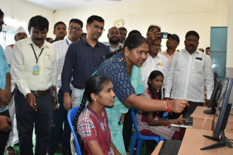 Minister Dhanasari Anasuya Sitakka inaugurating the computer lab at ZP High School in Eturu Nagaram, accompanied by District Collector Diwakar TS and ITDA PO Chitra Mishra.