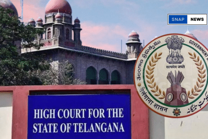 Telangana High Court building with a legal document representing the rejection of IAS officers' transfer pleas