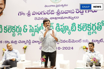 Telangana Revenue Minister Ponguleti Srinivasa Reddy addressing officials about land title issues.