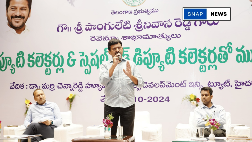 Telangana Revenue Minister Ponguleti Srinivasa Reddy addressing officials about land title issues.