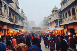 People wrapped in blankets and shawls to keep warm during a cold wave in Telangana.