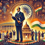 celebrating India's 75th Constitution Day, featuring Dr. B.R. Ambedkar with the Indian Constitution, surrounded by the national flag, Ashoka Chakra, and symbols of unity and diversity.