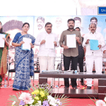 Chief Minister Revanth Reddy interacting with students at a social welfare residential school in Chilkoor during the uniform diet program.