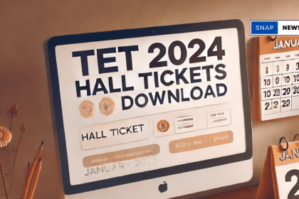 TET 2024 Hall Tickets Download', a printed hall ticket beside the screen, and a calendar showing January 2025, depicting an organized and professional educational theme.