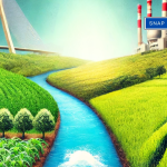 the Telangana-AP Krishna water dispute, featuring a split scene with agricultural fields, water diversion projects, and the Krishna River, symbolizing the ongoing conflict and efforts for equitable water sharing.