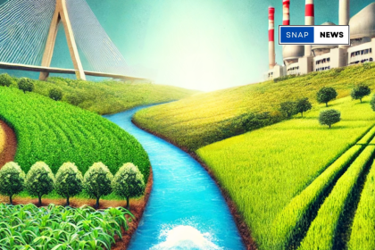 the Telangana-AP Krishna water dispute, featuring a split scene with agricultural fields, water diversion projects, and the Krishna River, symbolizing the ongoing conflict and efforts for equitable water sharing.