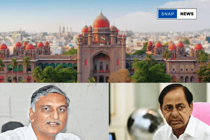 Telangana High Court building with two politicians in the foreground, symbolizing a legal petition related to the Medigadda Barrage case.