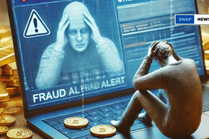 online gold trading fraud with a laptop displaying a fake trading website, warning signs, and a person appearing distressed, symbolizing cybercrime and financial scams