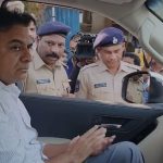 Telangana involving the Formula E car race, featuring a race track with electric cars in Hyderabad, electoral bonds, a political figure being questioned by anti-corruption officials, and media reporting.