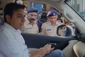 Telangana involving the Formula E car race, featuring a race track with electric cars in Hyderabad, electoral bonds, a political figure being questioned by anti-corruption officials, and media reporting.
