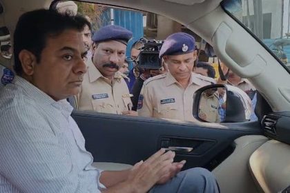 Telangana involving the Formula E car race, featuring a race track with electric cars in Hyderabad, electoral bonds, a political figure being questioned by anti-corruption officials, and media reporting.