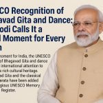 Prime Minister Narendra Modi stands proudly next to a headline celebrating the UNESCO recognition of the Bhagavad Gita and Indian classical dance, highlighting it as a proud moment for every Indian.