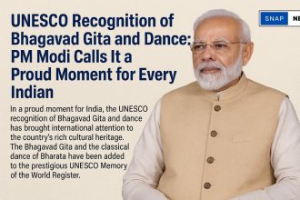 Prime Minister Narendra Modi stands proudly next to a headline celebrating the UNESCO recognition of the Bhagavad Gita and Indian classical dance, highlighting it as a proud moment for every Indian.
