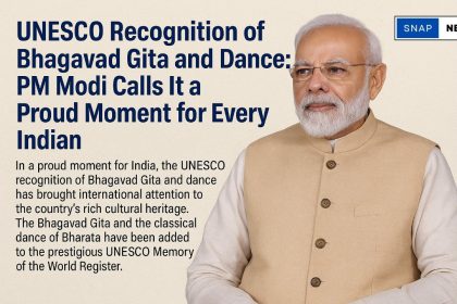 Prime Minister Narendra Modi stands proudly next to a headline celebrating the UNESCO recognition of the Bhagavad Gita and Indian classical dance, highlighting it as a proud moment for every Indian.