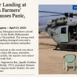 helicopter landing at a farmers’ festival in Nizamabad, Telangana. The scene includes dust clouds, collapsed tents, people running in panic, and security personnel trying to control the situation.