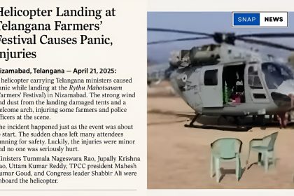 helicopter landing at a farmers’ festival in Nizamabad, Telangana. The scene includes dust clouds, collapsed tents, people running in panic, and security personnel trying to control the situation.