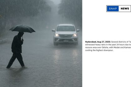 Man with an umbrella walks through a flooded street during heavy rainfall in Telangana, as a white SUV drives through the downpour