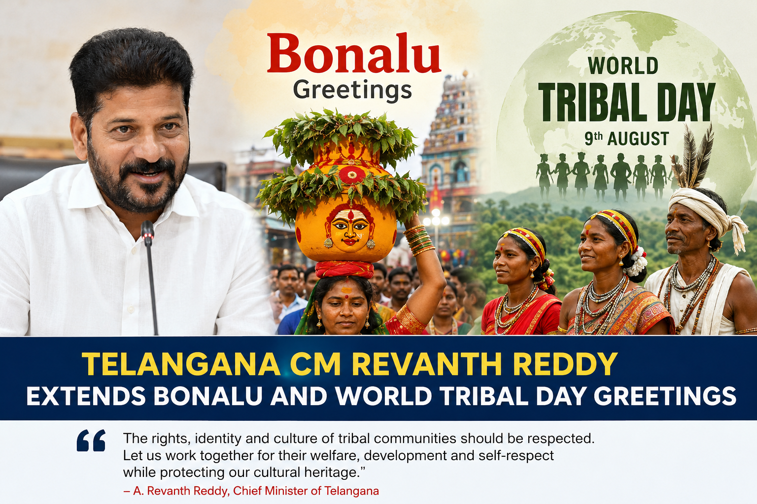 Telangana CM Revanth Reddy Extends Bonalu and World Tribal Day Greetings 2 Revanth Reddy Bonalu greetings